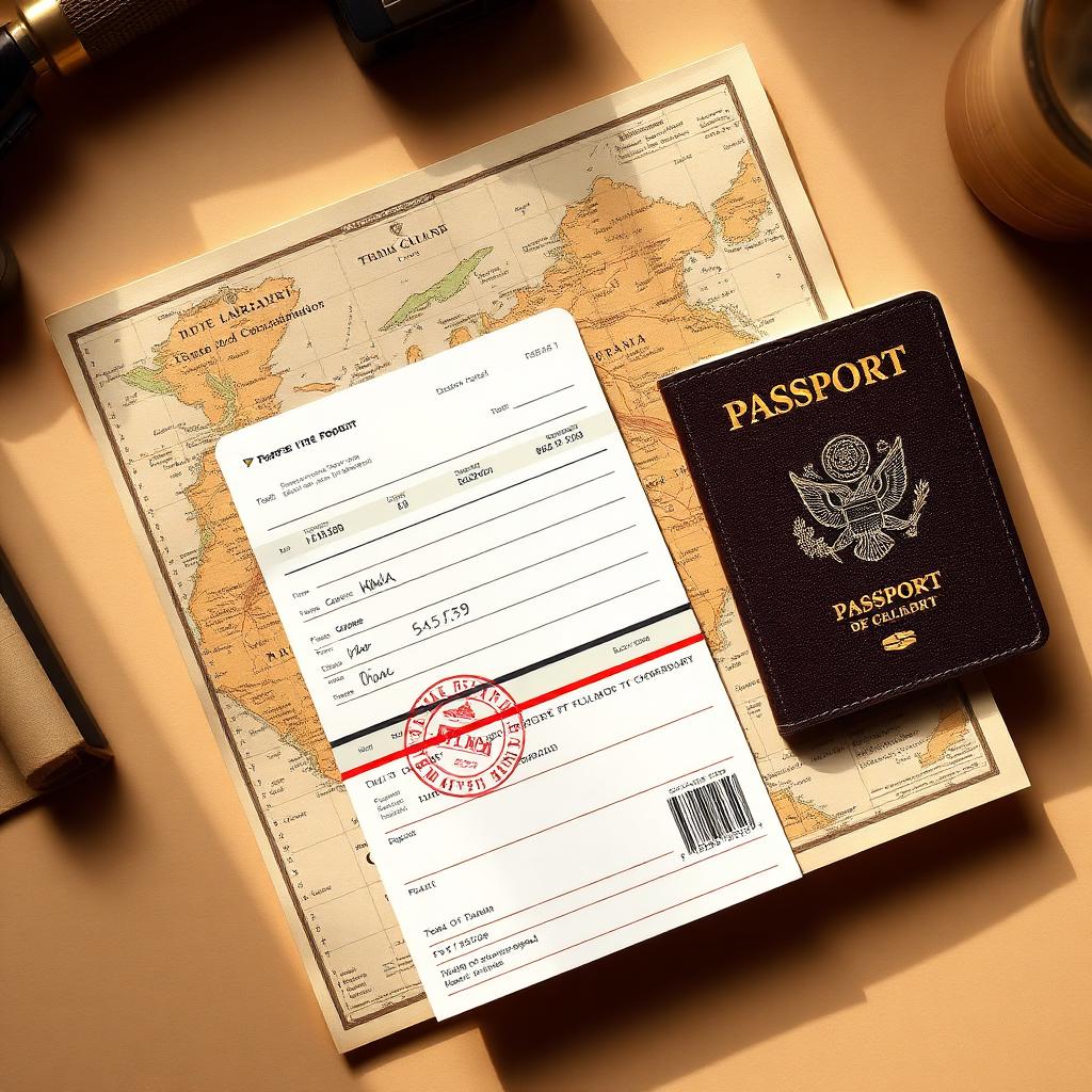 Passport, boarding pass and travel map